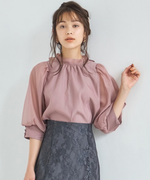 DRESS PLUS(ドレスプラス)の「ブラウス リボンカラー 七分袖 シアー素材 裏地付き(シャツ/ブラウス・レディース・グレイッシュブルー/ブラック/アイボリー/スモークピンク/グリーン・M/L)」の11枚目の写真