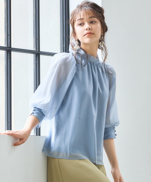 DRESS PLUS(ドレスプラス)の「ブラウス リボンカラー 七分袖 シアー素材 裏地付き(シャツ/ブラウス・レディース・グレイッシュブルー/ブラック/アイボリー/スモークピンク/グリーン・M/L)」の17枚目の写真