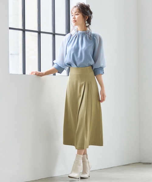 DRESS PLUS(ドレスプラス)の「ブラウス リボンカラー 七分袖 シアー素材 裏地付き(シャツ/ブラウス・レディース・グレイッシュブルー/ブラック/アイボリー/スモークピンク/グリーン・M/L)」の8枚目の写真