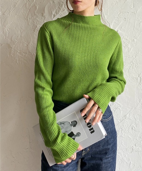 She's Closet（シーズクローゼット）の「プチハイネックタイト長袖リブニットプルオーバー（ニット/セーター・レディース・オフホワイト/グレー/ブラック/アイボリー/ミント/ベージュ/パープル/グリーン/スモークピンク/ブルー/マスタード/グレイッシュベージュ・M/L）」の7枚目の写真