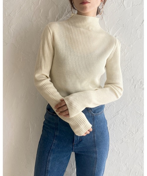 She's Closet（シーズクローゼット）の「プチハイネックタイト長袖リブニットプルオーバー（ニット/セーター・レディース・オフホワイト/グレー/ブラック/アイボリー/ミント/ベージュ/パープル/グリーン/スモークピンク/ブルー/マスタード/グレイッシュベージュ・M/L）」の13枚目の写真