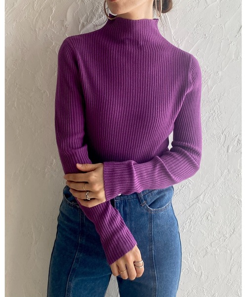 She's Closet（シーズクローゼット）の「プチハイネックタイト長袖リブニットプルオーバー（ニット/セーター・レディース・オフホワイト/グレー/ブラック/アイボリー/ミント/ベージュ/パープル/グリーン/スモークピンク/ブルー/マスタード/グレイッシュベージュ・M/L）」の18枚目の写真