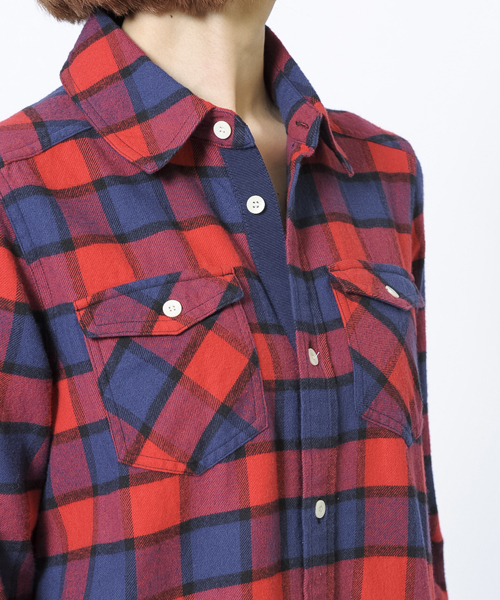 X-girl（エックスガール）の「SHAGGY PLAID SHIRT DRESS（ワンピース・レディース・レッド/グリーン/ネイビー・1/2）」の8枚目の写真