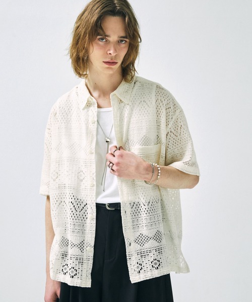 EMMA CLOTHES（エマクローズ）の「レースアミ ボックスルーズシルエットS/Sシャツ EMMA CLOTHES（シャツ/ブラウス・メンズ・アイボリー/ブラウン/ブラック・L/M）」の7枚目の写真