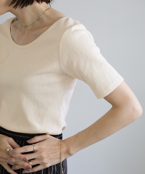 select MOCA(セレクトモカ)の「バレエネックハーフスリーブカットソー(Tシャツ/カットソー・レディース・グレイッシュブルー/アイボリー/ブラック/グリーン/ネイビー・FREE/SMALL)」の14枚目の写真