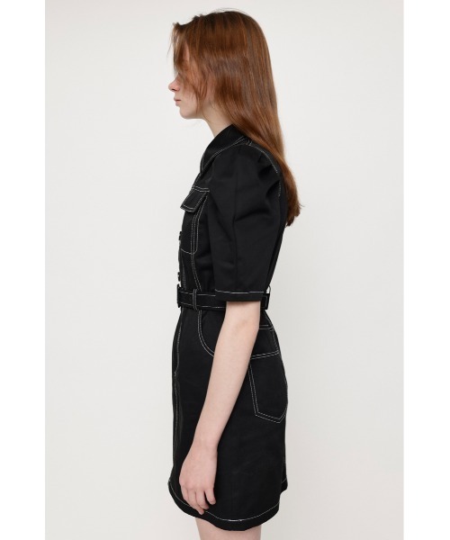 SLY(スライ)の「TUCK SLEEVE WORK S/OP タックスリーブ ワーク ショート ワンピース ミニワンピース デニムディテール ステッチ(ワンピース・レディース・ブラック/アイボリー・1/2)」の3枚目の写真