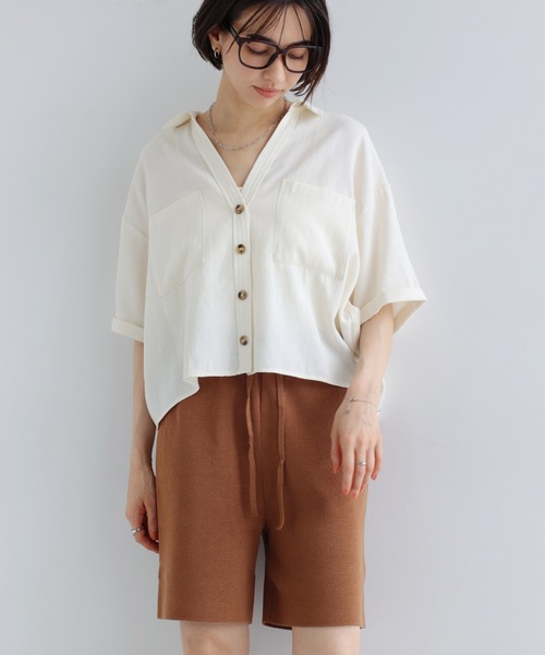 andme(アンドミー)の「リネンライクニットショートパンツ(その他パンツ・レディース・ブラック/グレイッシュベージュ/ライトカーキ/ネイビー/ブラウン・M)」の3枚目の写真