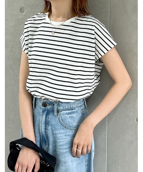 Re:EDIT（リエディ）の「[接触冷感]フレンチスリーブボーダーTシャツ（Tシャツ/カットソー・レディース・ブラック×ホワイト/ホワイト×ブラック・MEDIUM/LARGE）」の2枚目の写真