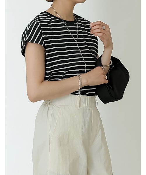 Re:EDIT（リエディ）の「[接触冷感]フレンチスリーブボーダーTシャツ（Tシャツ/カットソー・レディース・ブラック×ホワイト/ホワイト×ブラック・MEDIUM/LARGE）」の22枚目の写真