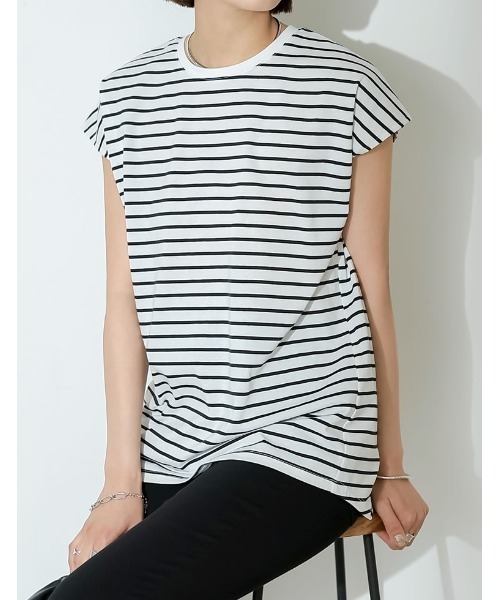 Re:EDIT（リエディ）の「[接触冷感]フレンチスリーブボーダーTシャツ（Tシャツ/カットソー・レディース・ブラック×ホワイト/ホワイト×ブラック・MEDIUM/LARGE）」の3枚目の写真