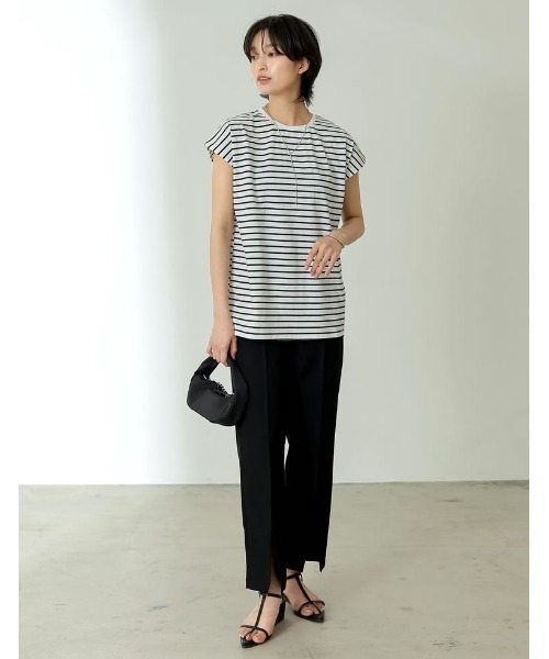 Re:EDIT（リエディ）の「[接触冷感]フレンチスリーブボーダーTシャツ（Tシャツ/カットソー・レディース・ブラック×ホワイト/ホワイト×ブラック・MEDIUM/LARGE）」の5枚目の写真