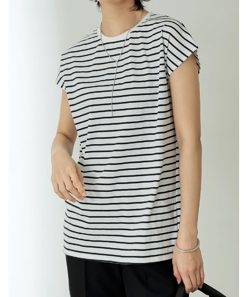 Re:EDIT（リエディ）の「[接触冷感]フレンチスリーブボーダーTシャツ（Tシャツ/カットソー・レディース・ブラック×ホワイト/ホワイト×ブラック・MEDIUM/LARGE）」の20枚目の写真