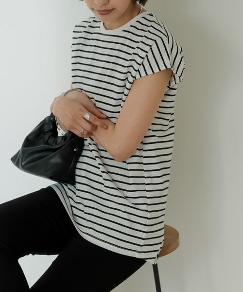 Re:EDIT（リエディ）の「[接触冷感]フレンチスリーブボーダーTシャツ（Tシャツ/カットソー・レディース・ブラック×ホワイト/ホワイト×ブラック・MEDIUM/LARGE）」の19枚目の写真