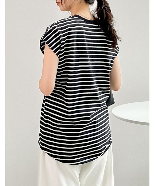 Re:EDIT（リエディ）の「[接触冷感]フレンチスリーブボーダーTシャツ（Tシャツ/カットソー・レディース・ブラック×ホワイト/ホワイト×ブラック・MEDIUM/LARGE）」の7枚目の写真