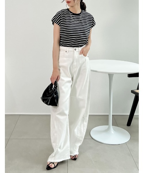 Re:EDIT（リエディ）の「[接触冷感]フレンチスリーブボーダーTシャツ（Tシャツ/カットソー・レディース・ブラック×ホワイト/ホワイト×ブラック・MEDIUM/LARGE）」の11枚目の写真