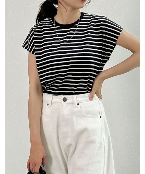 Re:EDIT（リエディ）の「[接触冷感]フレンチスリーブボーダーTシャツ（Tシャツ/カットソー・レディース・ブラック×ホワイト/ホワイト×ブラック・MEDIUM/LARGE）」の10枚目の写真