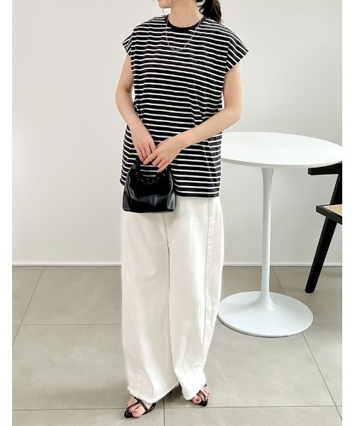 Re:EDIT（リエディ）の「[接触冷感]フレンチスリーブボーダーTシャツ（Tシャツ/カットソー・レディース・ブラック×ホワイト/ホワイト×ブラック・MEDIUM/LARGE）」の8枚目の写真