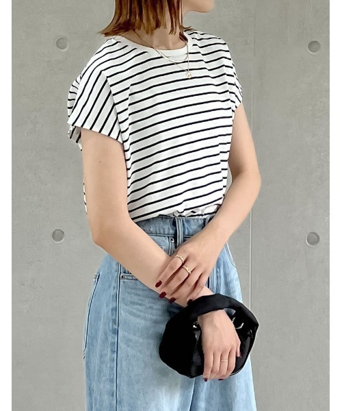 Re:EDIT（リエディ）の「[接触冷感]フレンチスリーブボーダーTシャツ（Tシャツ/カットソー・レディース・ブラック×ホワイト/ホワイト×ブラック・MEDIUM/LARGE）」の13枚目の写真