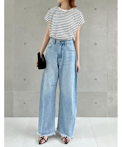 Re:EDIT（リエディ）の「[接触冷感]フレンチスリーブボーダーTシャツ（Tシャツ/カットソー・レディース・ブラック×ホワイト/ホワイト×ブラック・MEDIUM/LARGE）」の14枚目の写真