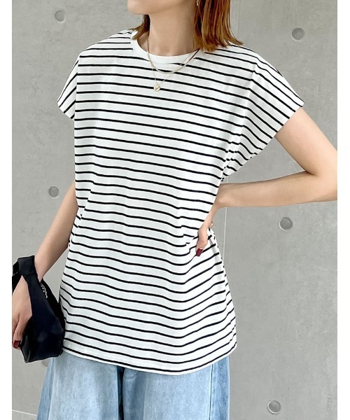 Re:EDIT（リエディ）の「[接触冷感]フレンチスリーブボーダーTシャツ（Tシャツ/カットソー・レディース・ブラック×ホワイト/ホワイト×ブラック・MEDIUM/LARGE）」の15枚目の写真