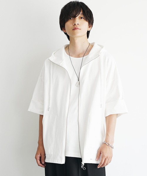 MinoriTY（マイノリティ）の「【MinoriTY】ヘビーウエイトスタンドジップ半袖パーカー フルジップ ポンチョ ハイネック メンズ コットン素材 夏服 秋服（パーカー・メンズ・ネイビー/ホワイト/パープル/グリーン/グリーン系/ネイビー系/ホワイト系/ベージュ系・M/L/S）」の3枚目の写真