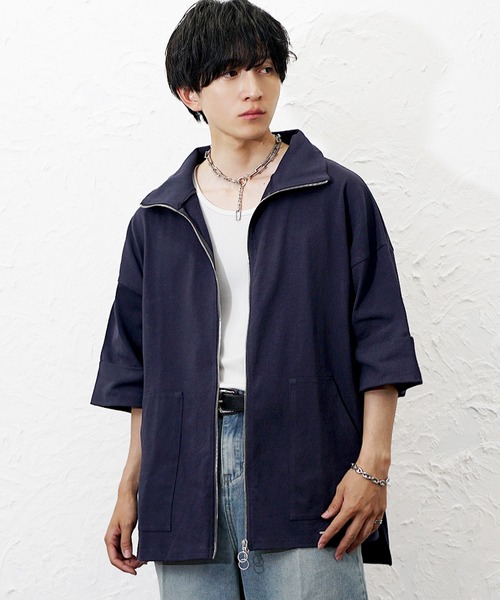 MinoriTY（マイノリティ）の「【MinoriTY】ヘビーウエイトスタンドジップ半袖パーカー フルジップ ポンチョ ハイネック メンズ コットン素材 パーカータイプ スタンドタイプ 夏服 秋服（パーカー・メンズ・ネイビー/ホワイト/パープル/グリーン/グリーン系/ネイビー系/ホワイト系/ベージュ系/グリーン系その他/ブルー系その他/オフホワイト・M/L/S）」の9枚目の写真