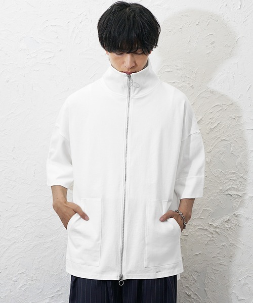 MinoriTY（マイノリティ）の「【MinoriTY】ヘビーウエイトスタンドジップ半袖パーカー フルジップ ポンチョ ハイネック メンズ コットン素材 パーカータイプ スタンドタイプ 夏服 秋服（パーカー・メンズ・ネイビー/ホワイト/パープル/グリーン/グリーン系/ネイビー系/ホワイト系/ベージュ系/グリーン系その他/ブルー系その他/オフホワイト・M/L/S）」の3枚目の写真