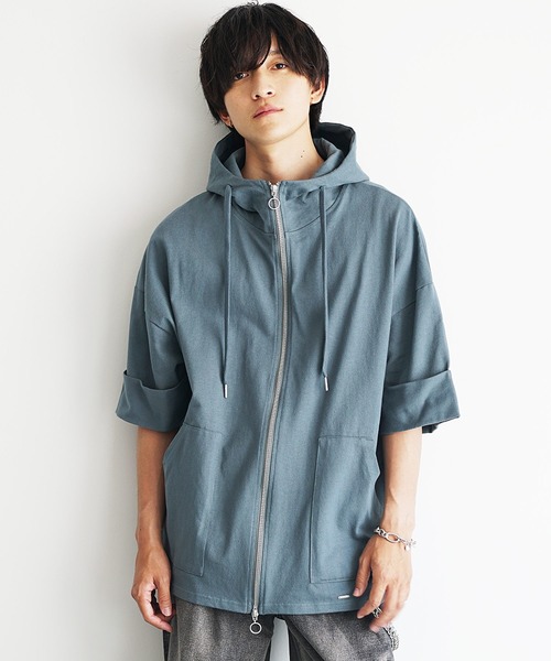 MinoriTY（マイノリティ）の「【MinoriTY】ヘビーウエイトスタンドジップ半袖パーカー フルジップ ポンチョ ハイネック メンズ コットン素材 夏服 秋服（パーカー・メンズ・ネイビー/ホワイト/パープル/グリーン/グリーン系/ネイビー系/ホワイト系/ベージュ系・M/L/S）」の10枚目の写真