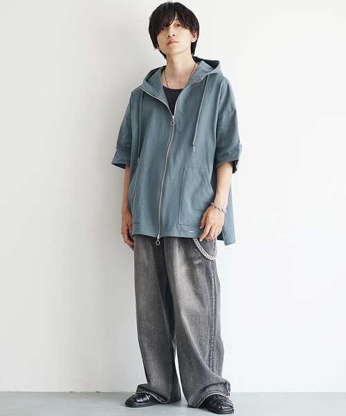 MinoriTY（マイノリティ）の「【MinoriTY】ヘビーウエイトスタンドジップ半袖パーカー フルジップ ポンチョ ハイネック メンズ コットン素材 夏服 秋服（パーカー・メンズ・ネイビー/ホワイト/パープル/グリーン/グリーン系/ネイビー系/ホワイト系/ベージュ系・M/L/S）」の11枚目の写真