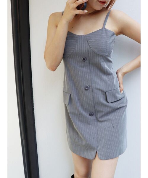 EVRIS（エヴリス）の「ストライプジャケットミニジャンスカ（ワンピース・レディース・グレー/カーキ・FREE）」の5枚目の写真