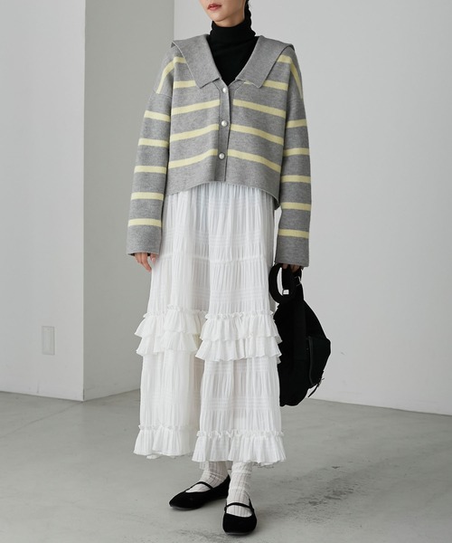 forksy.】パールボタンセーラーボーダーニットカーディガン forksy