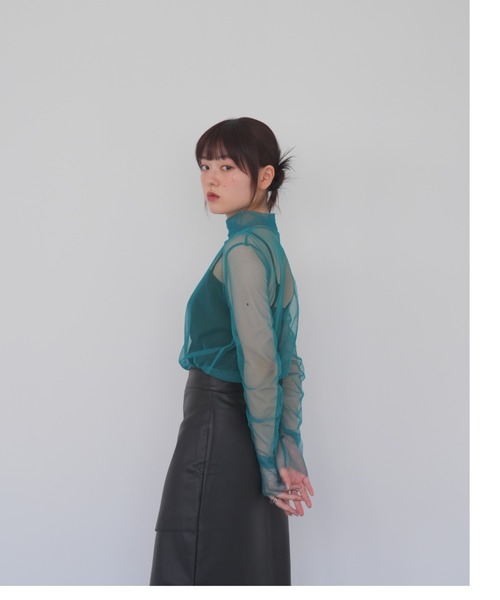 Uenui（ウニュイ）の「シアー メッシュ タートルネック トップス カットソー シースルー シースルートップス 長袖 シアートップス 長袖（Tシャツ/カットソー・レディース・ホワイト/グリーン・FREE）」の12枚目の写真