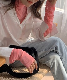 シースルーハイネックトップス/無地長袖Tシャツ(RZ)