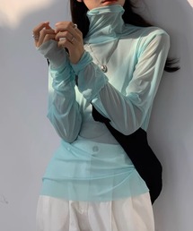 シースルーハイネックトップス/無地長袖Tシャツ(RZ)