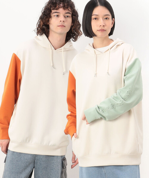 Purple&Yellow（パープルアンドイエロー）の「ＴＲダンボールニット 袖メッセージエンボス 配色パーカ（パーカー・メンズ・ネイビー/アイボリー・M/XL/L/S）」の2枚目の写真