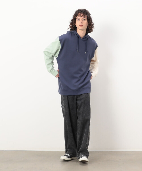 Purple&Yellow（パープルアンドイエロー）の「ＴＲダンボールニット 袖メッセージエンボス 配色パーカ（パーカー・メンズ・ネイビー/アイボリー・M/XL/L/S）」の11枚目の写真