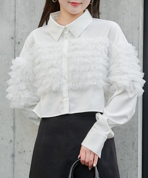 【新品】ピコネXSチュッチュシャツブラウスチュール限定完売品 23AW＊Wings掲載＊【ウォッシャブル】シャツレイヤーチュニック