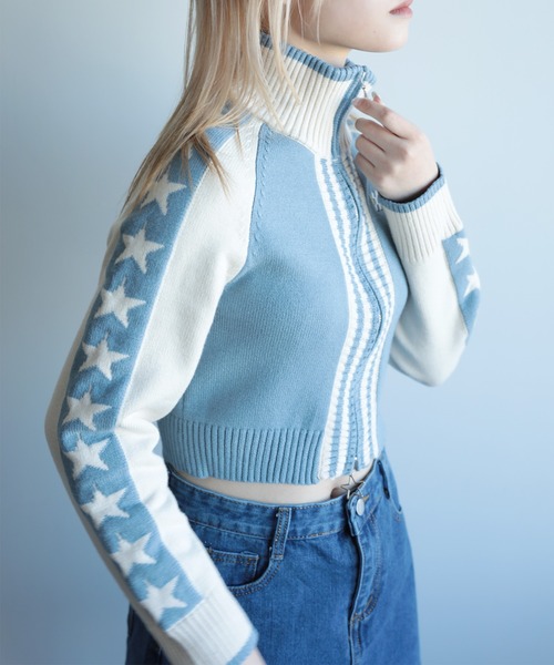 HOOK(フック)の「【HOOK】for girls レーシング風ショート丈ニットブルゾン(カーディガン/ボレロ・レディース・ピンク/ライトブルー・L/M/S)」の3枚目の写真