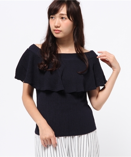 OUTLET(アウトレット)の「【who's who Chico】オフショルフリルボーダー半袖T(Tシャツ/カットソー・レディース・ホワイト×ブラック/ホワイト系その他/ホワイト/ネイビー/ライトブルー・FREE)」の5枚目の写真