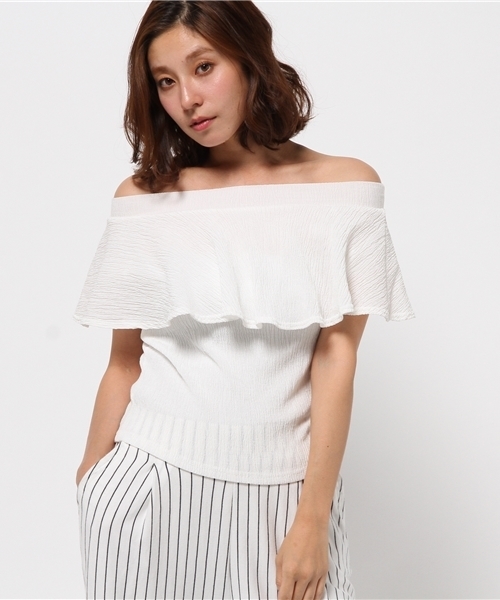 OUTLET(アウトレット)の「【who's who Chico】オフショルフリルボーダー半袖T(Tシャツ/カットソー・レディース・ホワイト×ブラック/ホワイト系その他/ホワイト/ネイビー/ライトブルー・FREE)」の2枚目の写真