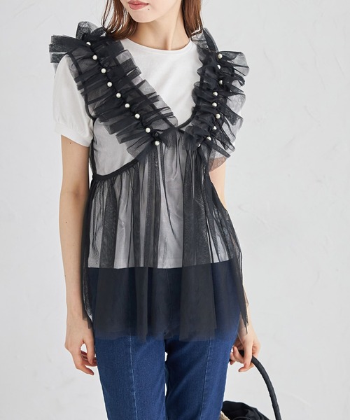 tocco closet(トッコ クローゼット)の「パール付きチュールビスチェ(ベスト・レディース・アイボリー/ブラック・M)」の15枚目の写真