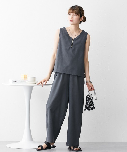 nissen（ニッセン）の「【販売終了】麻混セットアップ（ジッパートップス＋ワイドパンツ）（セットアップ・レディース・モカ/チャコールグレー/オフホワイト・M/L）」の2枚目の写真