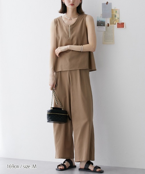 nissen（ニッセン）の「【販売終了】麻混セットアップ（ジッパートップス＋ワイドパンツ）（セットアップ・レディース・モカ/チャコールグレー/オフホワイト・M/L）」の3枚目の写真