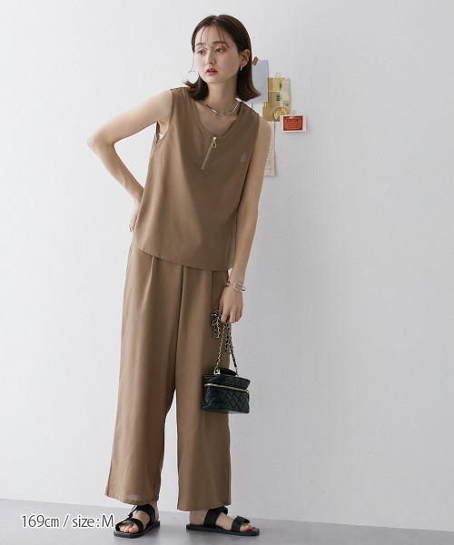 nissen（ニッセン）の「【販売終了】麻混セットアップ（ジッパートップス＋ワイドパンツ）（セットアップ・レディース・モカ/チャコールグレー/オフホワイト・M/L）」の7枚目の写真