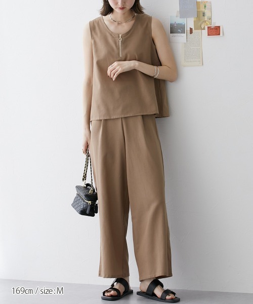nissen（ニッセン）の「【販売終了】麻混セットアップ（ジッパートップス＋ワイドパンツ）（セットアップ・レディース・モカ/チャコールグレー/オフホワイト・M/L）」の6枚目の写真