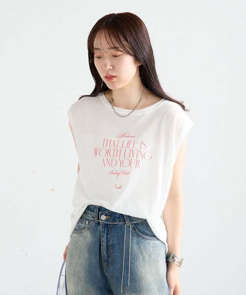 mystic（ミスティック）の「ノースリPHOTO Tシャツ（Tシャツ/カットソー・レディース・ピンク/オフホワイト・FREE）」の3枚目の写真