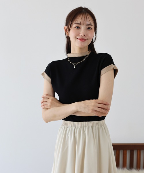 BLUEEAST（ブルーイースト）の「バイカラーフレンチスリーブニット（ニット/セーター・レディース・アイボリー/ブラック/ブルーグレー/ブラウン・MEDIUM）」の3枚目の写真