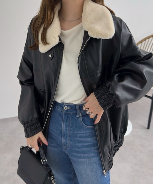 ファー襟付2Wayフェイクレザージップアップブルゾン（ブルゾン）｜KOBE