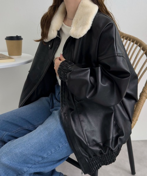 セール】ファー襟付2Wayフェイクレザージップアップブルゾン（ブルゾン