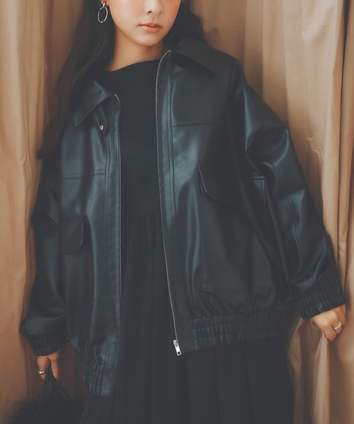ファー襟付きフェイクレザージャケット ブラック系 KOBE LETTUCE（コウベレタス）の「ファー襟付2Wayフェイクレザージップ